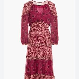 ba&sh Burgundy and Cream Long Sleeve Dress